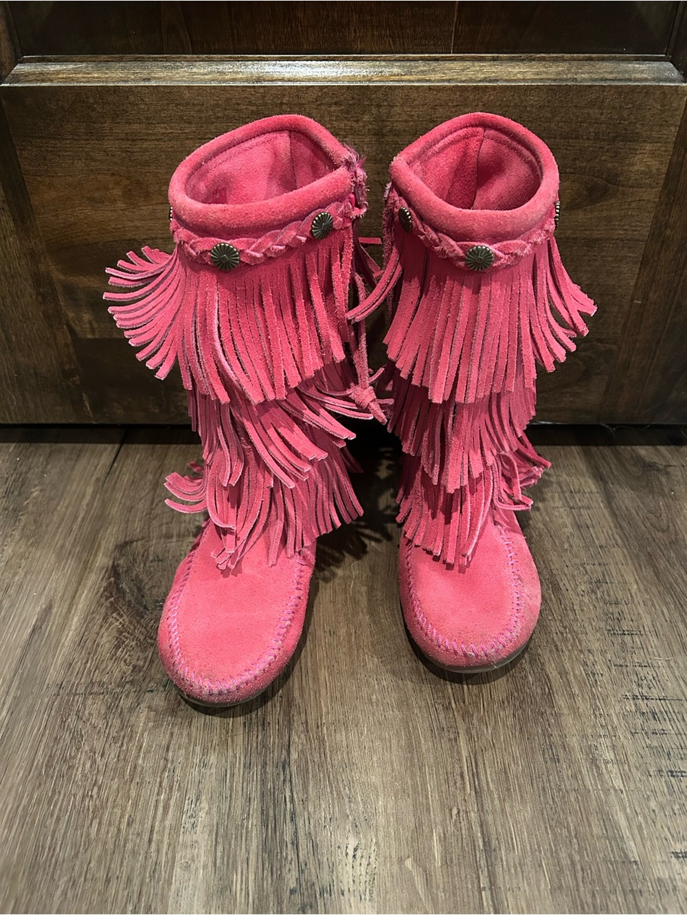 Minnetonka Kids Pink Fringe Suede Boots Western Boho